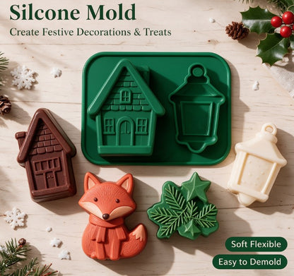 3D Christmas Woodland Silicone Mold - Cute Fox, Gingerbread House, Pine Branch & Lantern Mold for Chocolate, Candle, Soap, Fondant & Holiday DIY Crafting