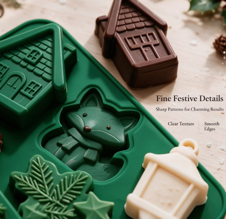 3D Christmas Woodland Silicone Mold - Cute Fox, Gingerbread House, Pine Branch & Lantern Mold for Chocolate, Candle, Soap, Fondant & Holiday DIY Crafting