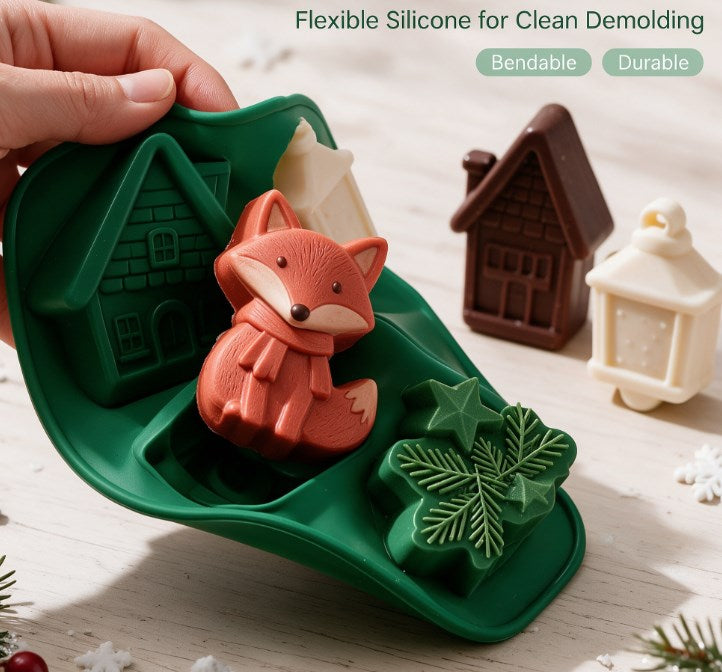 3D Christmas Woodland Silicone Mold - Cute Fox, Gingerbread House, Pine Branch & Lantern Mold for Chocolate, Candle, Soap, Fondant & Holiday DIY Crafting