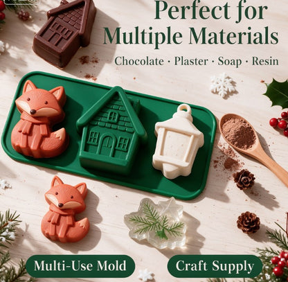 3D Christmas Woodland Silicone Mold - Cute Fox, Gingerbread House, Pine Branch & Lantern Mold for Chocolate, Candle, Soap, Fondant & Holiday DIY Crafting