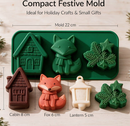 3D Christmas Woodland Silicone Mold - Cute Fox, Gingerbread House, Pine Branch & Lantern Mold for Chocolate, Candle, Soap, Fondant & Holiday DIY Crafting