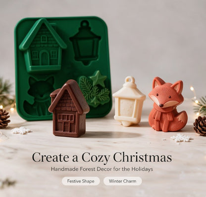 3D Christmas Woodland Silicone Mold - Cute Fox, Gingerbread House, Pine Branch & Lantern Mold for Chocolate, Candle, Soap, Fondant & Holiday DIY Crafting