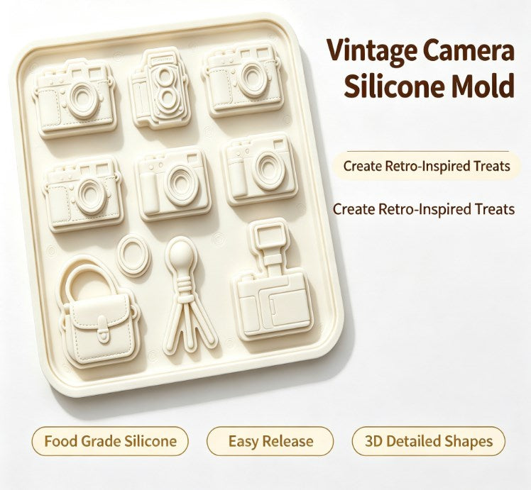 Camera Themed Silicone Baking Mold - Vintage Retro Cameras, Tripod, Bag & Lens Cavities - Food-Grade Non-Stick Chocolate, Fondant, Candy, and Resin Mold for DIY Crafting, Cake Decorating & Photography Lovers
