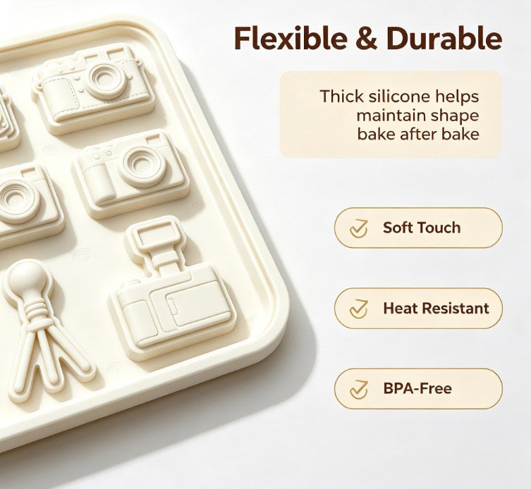 Camera Themed Silicone Baking Mold - Vintage Retro Cameras, Tripod, Bag & Lens Cavities - Food-Grade Non-Stick Chocolate, Fondant, Candy, and Resin Mold for DIY Crafting, Cake Decorating & Photography Lovers
