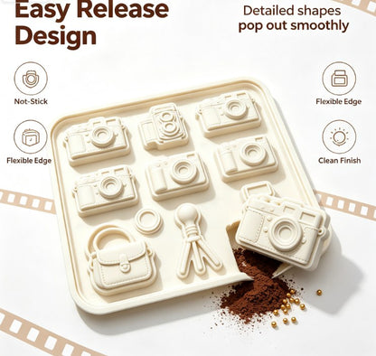 Camera Themed Silicone Baking Mold - Vintage Retro Cameras, Tripod, Bag & Lens Cavities - Food-Grade Non-Stick Chocolate, Fondant, Candy, and Resin Mold for DIY Crafting, Cake Decorating & Photography Lovers