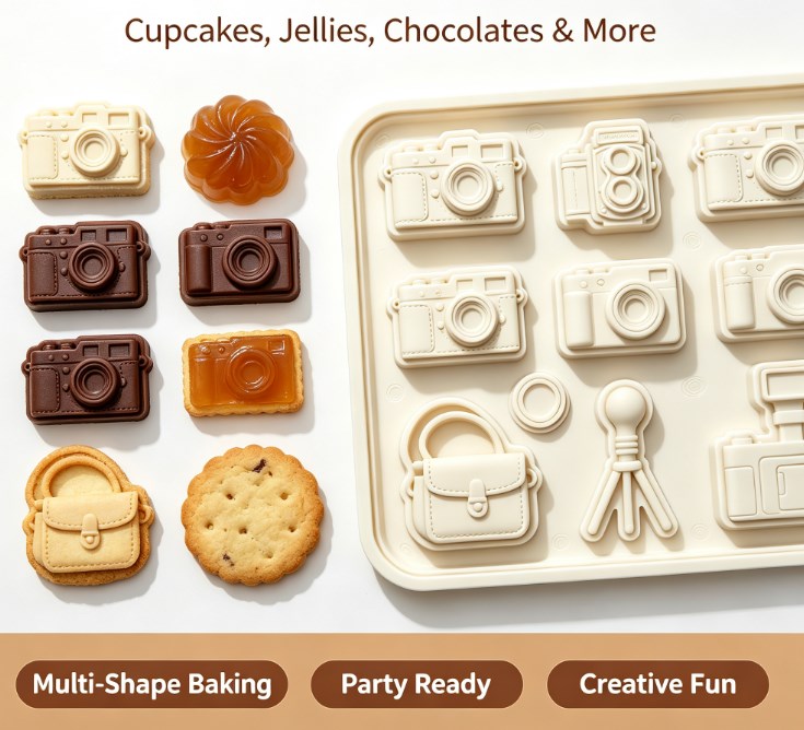 Camera Themed Silicone Baking Mold - Vintage Retro Cameras, Tripod, Bag & Lens Cavities - Food-Grade Non-Stick Chocolate, Fondant, Candy, and Resin Mold for DIY Crafting, Cake Decorating & Photography Lovers