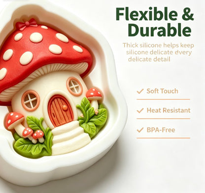 Fairy Tale Mushroom House Silicone Mold - 3D Cute Toadstool Cottage Fondant, Chocolate, Candy, and Soap Mold - Food-Grade Non-Stick Baking Tool for Cake Decorating, Parties & DIY Crafting