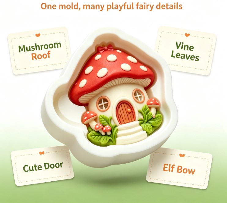 Fairy Tale Mushroom House Silicone Mold - 3D Cute Toadstool Cottage Fondant, Chocolate, Candy, and Soap Mold - Food-Grade Non-Stick Baking Tool for Cake Decorating, Parties & DIY Crafting
