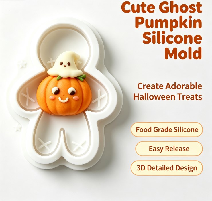 Kawaii Halloween Pumpkin & Ghost Silicone Mold - 3D Cute Ghost Sitting on Pumpkin Mold for Fondant, Chocolate, Soap, Candle, Resin Crafts & Fall Baking