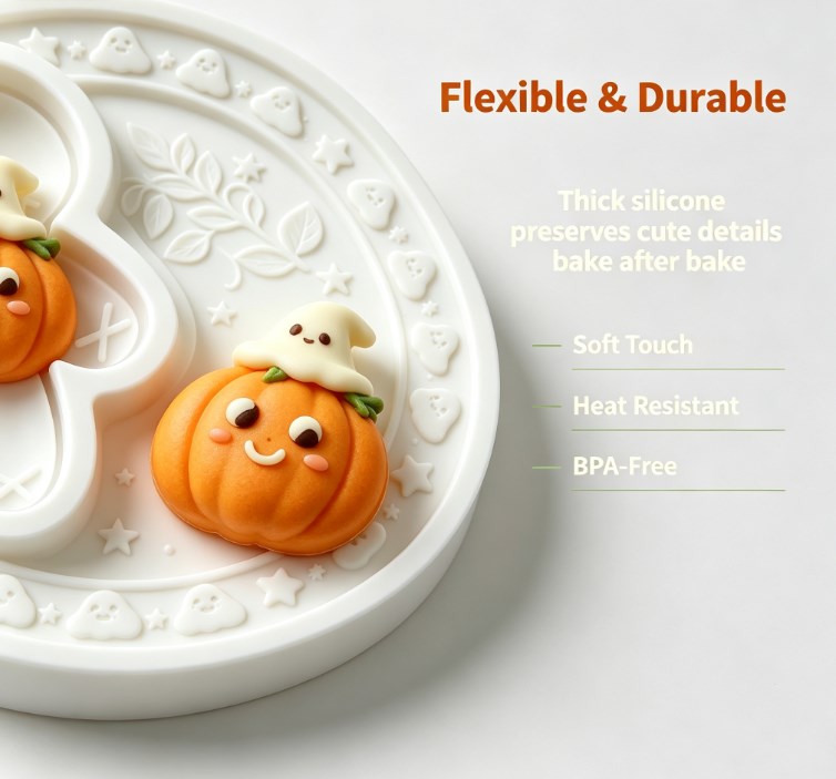 Kawaii Halloween Pumpkin & Ghost Silicone Mold - 3D Cute Ghost Sitting on Pumpkin Mold for Fondant, Chocolate, Soap, Candle, Resin Crafts & Fall Baking