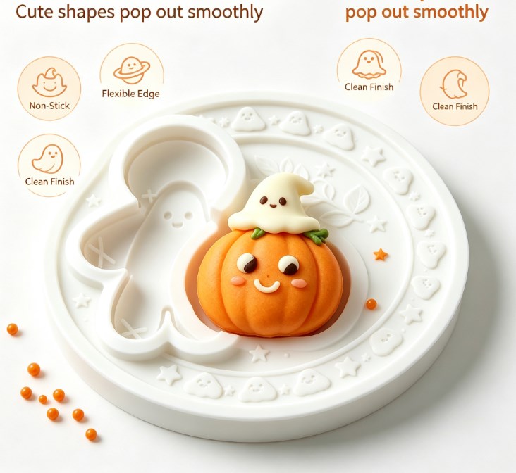 Kawaii Halloween Pumpkin & Ghost Silicone Mold - 3D Cute Ghost Sitting on Pumpkin Mold for Fondant, Chocolate, Soap, Candle, Resin Crafts & Fall Baking