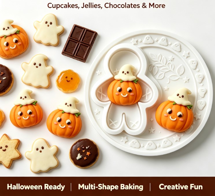 Kawaii Halloween Pumpkin & Ghost Silicone Mold - 3D Cute Ghost Sitting on Pumpkin Mold for Fondant, Chocolate, Soap, Candle, Resin Crafts & Fall Baking