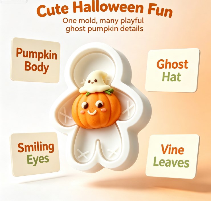 Kawaii Halloween Pumpkin & Ghost Silicone Mold - 3D Cute Ghost Sitting on Pumpkin Mold for Fondant, Chocolate, Soap, Candle, Resin Crafts & Fall Baking