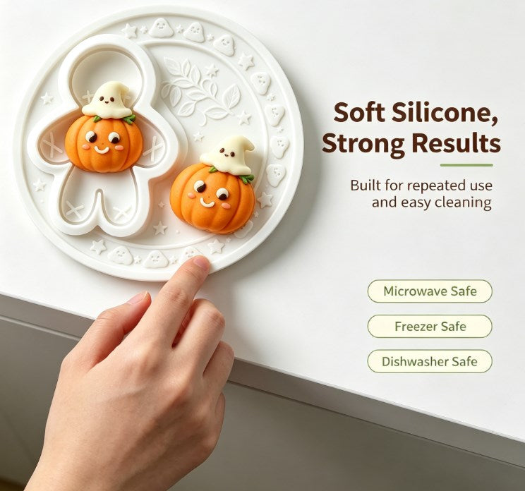 Kawaii Halloween Pumpkin & Ghost Silicone Mold - 3D Cute Ghost Sitting on Pumpkin Mold for Fondant, Chocolate, Soap, Candle, Resin Crafts & Fall Baking