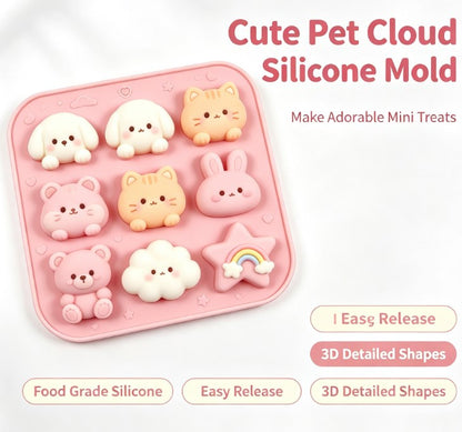 Kawaii Silicone Molde - 9-Cavity Multi-Shape Tray for Chocolate, Candy, Soap & Crafts - Adorable Dog, Cat, Bunny, Bear, Cloud, and Rainbow Star Designs - Non-Stick, Food-Grade, Durable Baking and Crafting Tool for DIY & Kids