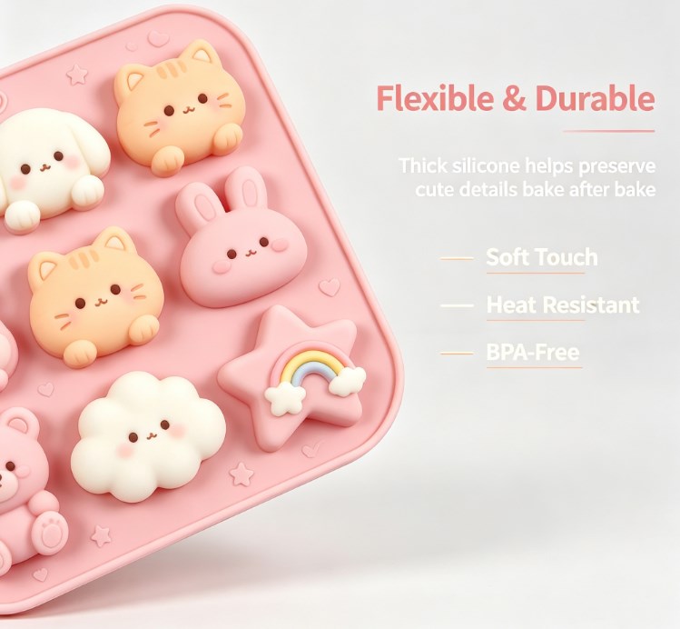 Kawaii Silicone Molde - 9-Cavity Multi-Shape Tray for Chocolate, Candy, Soap & Crafts - Adorable Dog, Cat, Bunny, Bear, Cloud, and Rainbow Star Designs - Non-Stick, Food-Grade, Durable Baking and Crafting Tool for DIY & Kids