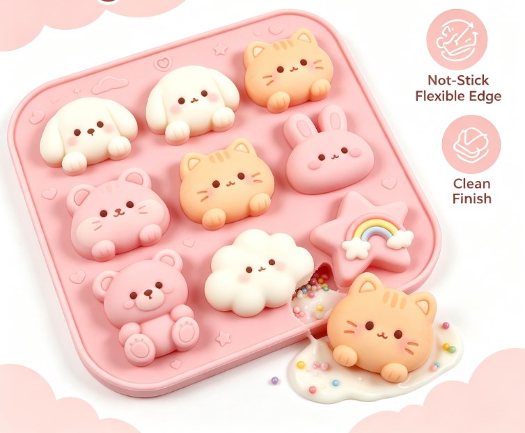 Kawaii Silicone Molde - 9-Cavity Multi-Shape Tray for Chocolate, Candy, Soap & Crafts - Adorable Dog, Cat, Bunny, Bear, Cloud, and Rainbow Star Designs - Non-Stick, Food-Grade, Durable Baking and Crafting Tool for DIY & Kids