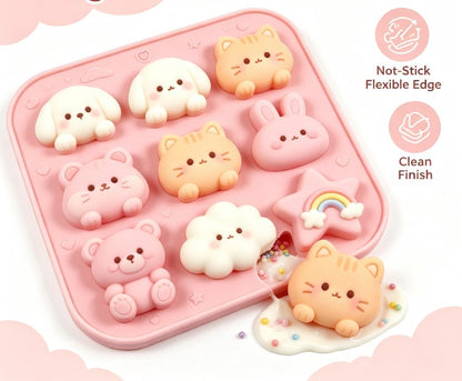 Kawaii Silicone Molde - 9-Cavity Multi-Shape Tray for Chocolate, Candy, Soap & Crafts - Adorable Dog, Cat, Bunny, Bear, Cloud, and Rainbow Star Designs - Non-Stick, Food-Grade, Durable Baking and Crafting Tool for DIY & Kids