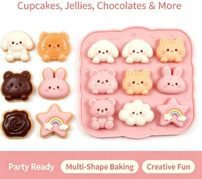 Kawaii Silicone Molde - 9-Cavity Multi-Shape Tray for Chocolate, Candy, Soap & Crafts - Adorable Dog, Cat, Bunny, Bear, Cloud, and Rainbow Star Designs - Non-Stick, Food-Grade, Durable Baking and Crafting Tool for DIY & Kids