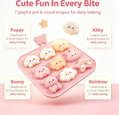 Kawaii Silicone Molde - 9-Cavity Multi-Shape Tray for Chocolate, Candy, Soap & Crafts - Adorable Dog, Cat, Bunny, Bear, Cloud, and Rainbow Star Designs - Non-Stick, Food-Grade, Durable Baking and Crafting Tool for DIY & Kids