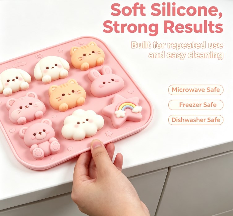 Kawaii Silicone Molde - 9-Cavity Multi-Shape Tray for Chocolate, Candy, Soap & Crafts - Adorable Dog, Cat, Bunny, Bear, Cloud, and Rainbow Star Designs - Non-Stick, Food-Grade, Durable Baking and Crafting Tool for DIY & Kids