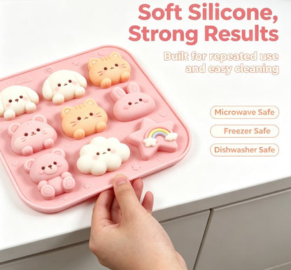 Kawaii Silicone Molde - 9-Cavity Multi-Shape Tray for Chocolate, Candy, Soap & Crafts - Adorable Dog, Cat, Bunny, Bear, Cloud, and Rainbow Star Designs - Non-Stick, Food-Grade, Durable Baking and Crafting Tool for DIY & Kids