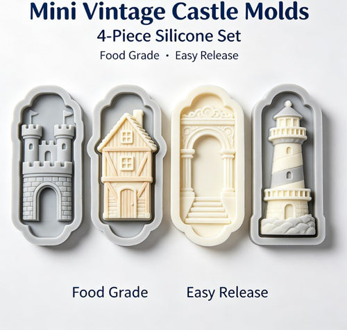 Mini Vintage Castle Silicone Molds - 4-Piece Set for Fondant, Chocolate, Cake Decorating, Soap & Resin - Food-Grade, Non-Stick, Easy Release Architecture Mold for DIY Crafting and Baking