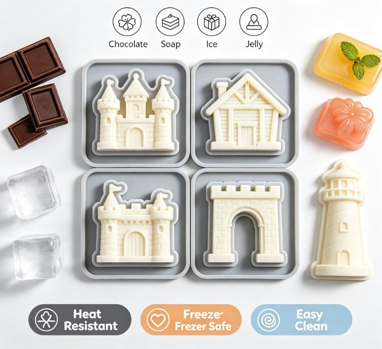 Mini Vintage Castle Silicone Molds - 4-Piece Set for Fondant, Chocolate, Cake Decorating, Soap & Resin - Food-Grade, Non-Stick, Easy Release Architecture Mold for DIY Crafting and Baking