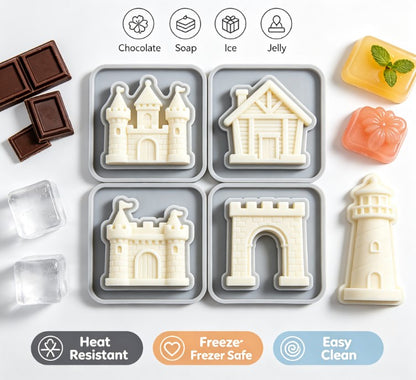 Mini Vintage Castle Silicone Molds - 4-Piece Set for Fondant, Chocolate, Cake Decorating, Soap & Resin - Food-Grade, Non-Stick, Easy Release Architecture Mold for DIY Crafting and Baking