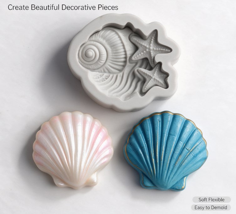 Ocean Theme Seashell & Starfish Silicone Mold - 3D Marine Conch Shell Mold for Soap, Candle, Resin Crafts, Fondant, Chocolate & Coastal DIY Home Decor