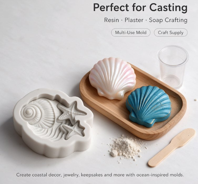 Ocean Theme Seashell & Starfish Silicone Mold - 3D Marine Conch Shell Mold for Soap, Candle, Resin Crafts, Fondant, Chocolate & Coastal DIY Home Decor